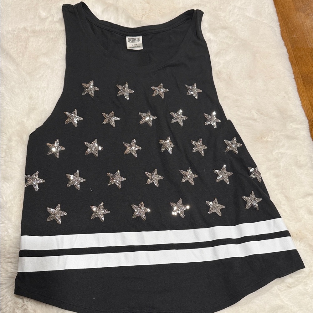 PINK Victoria's Secret Black Tank with Silver Sequin Stars